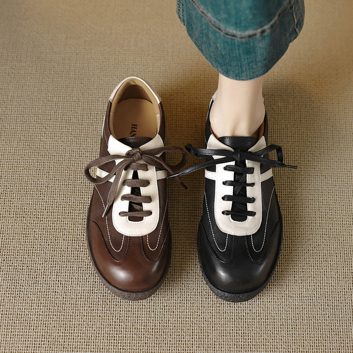 Women's Washed Horse Leather Sneakers - Vintage GAT Style Contrast Lace-up