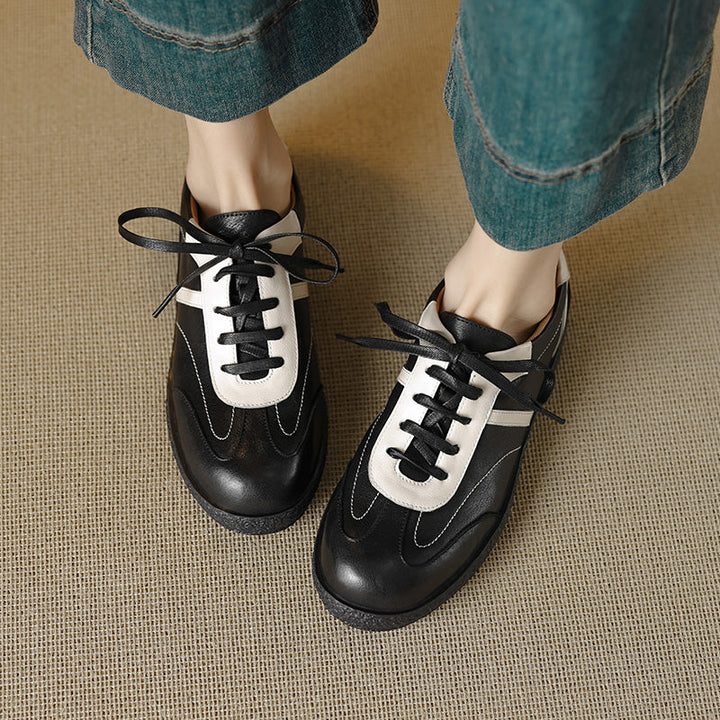 Women's Washed Horse Leather Sneakers - Vintage GAT Style Contrast Lace-up