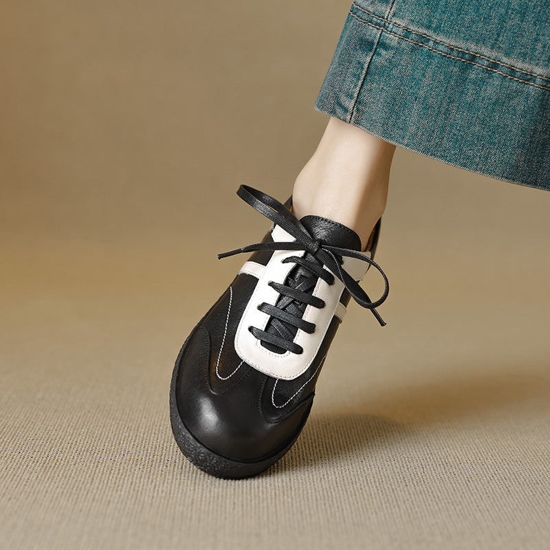 Women's Washed Horse Leather Sneakers - Vintage GAT Style Contrast Lace-up