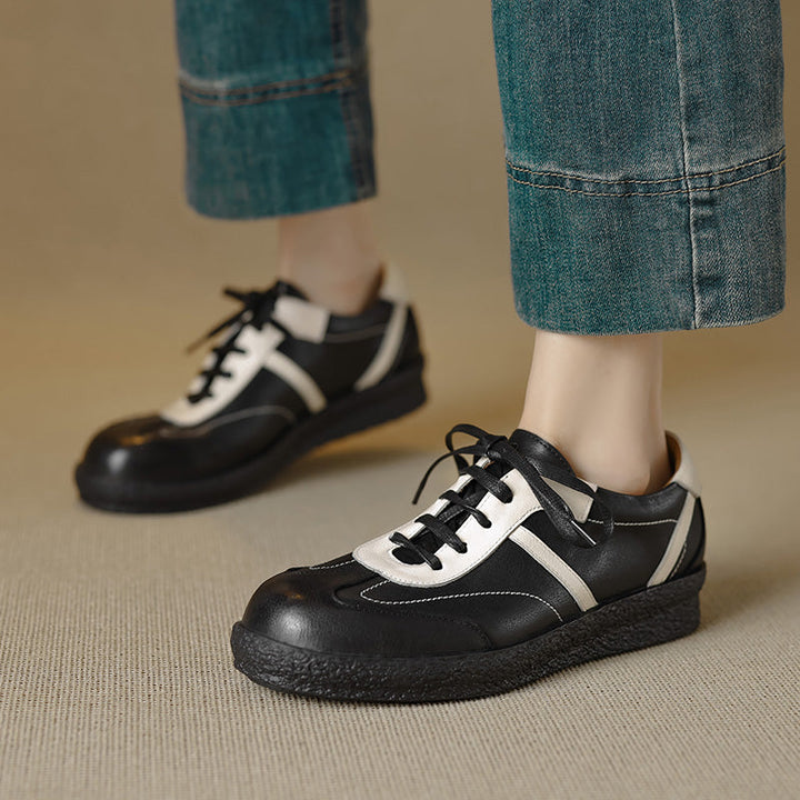Women's Washed Horse Leather Sneakers - Vintage GAT Style Contrast Lace-up