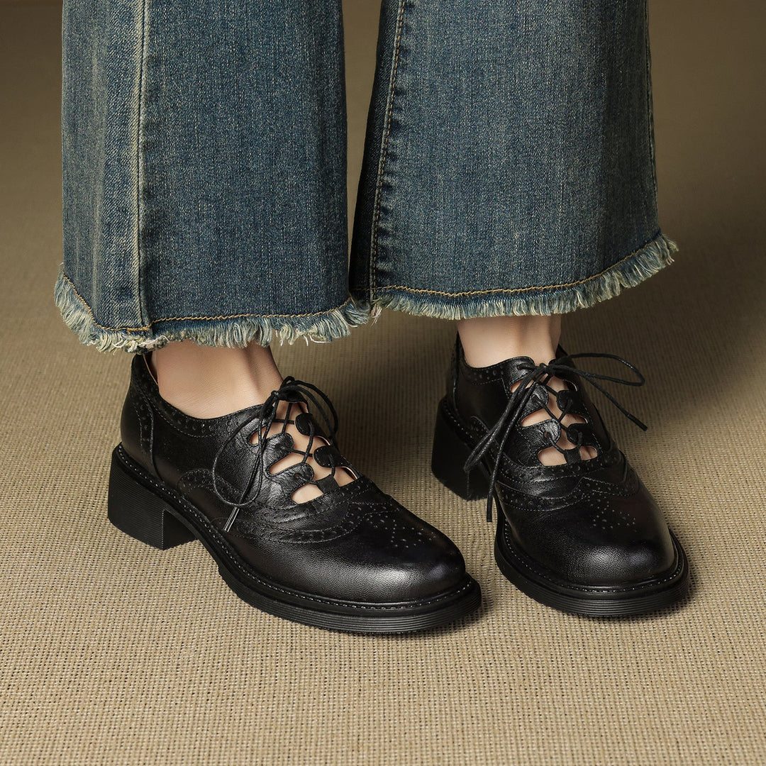 Women's Retro Cowhide Brogues Vintage Round Toe Cutout Lace-up Block Heel Oxfords