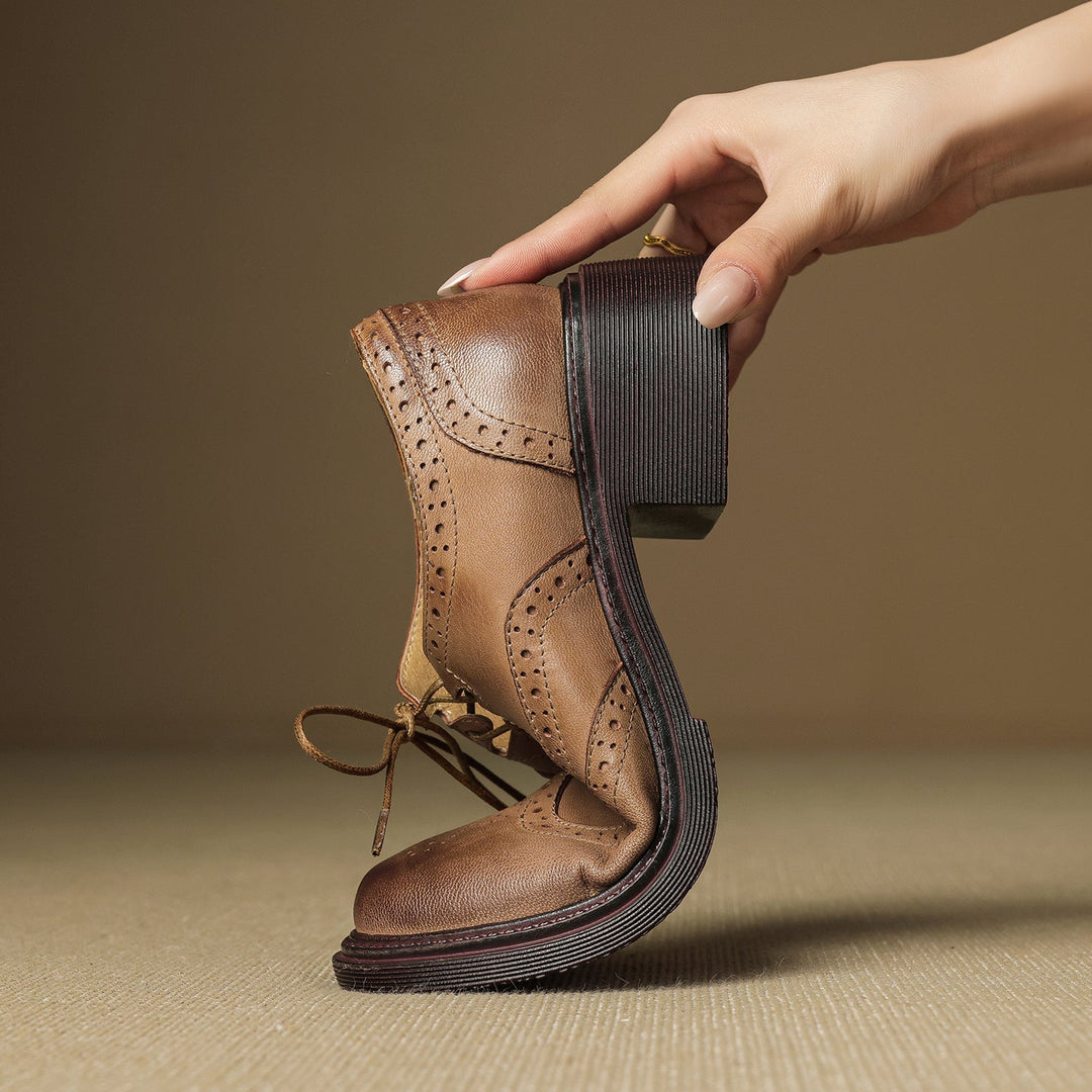 Women's Retro Cowhide Brogues Vintage Round Toe Cutout Lace-up Block Heel Oxfords