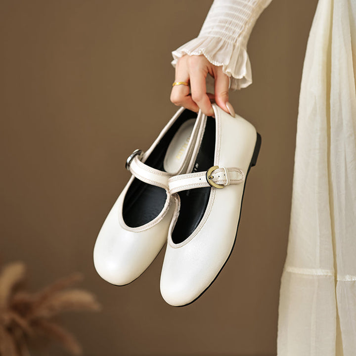 Women’s Sheepskin Mary Jane Flats – Classic Round Toe Buckle Strap Shoes