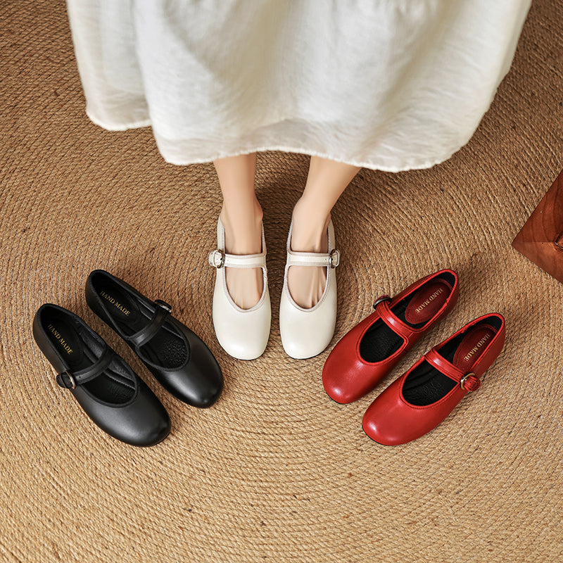 Women’s Sheepskin Mary Jane Flats – Classic Round Toe Buckle Strap Shoes