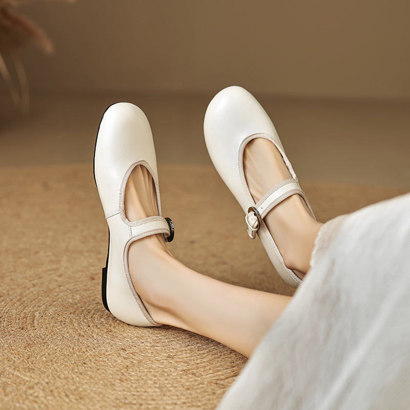 Women’s Sheepskin Mary Jane Flats – Classic Round Toe Buckle Strap Shoes