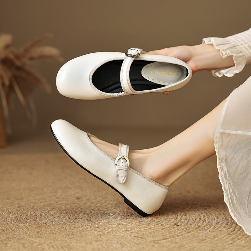 Women’s Sheepskin Mary Jane Flats – Classic Round Toe Buckle Strap Shoes