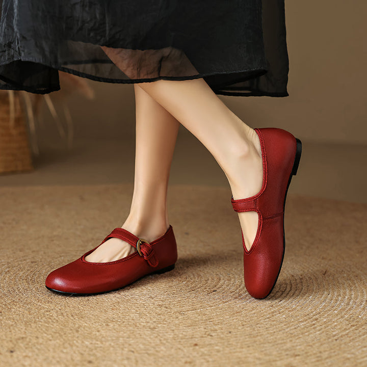 Women’s Sheepskin Mary Jane Flats – Classic Round Toe Buckle Strap Shoes