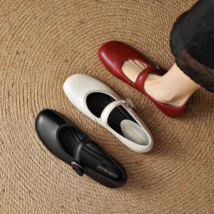 Women’s Sheepskin Mary Jane Flats – Classic Round Toe Buckle Strap Shoes