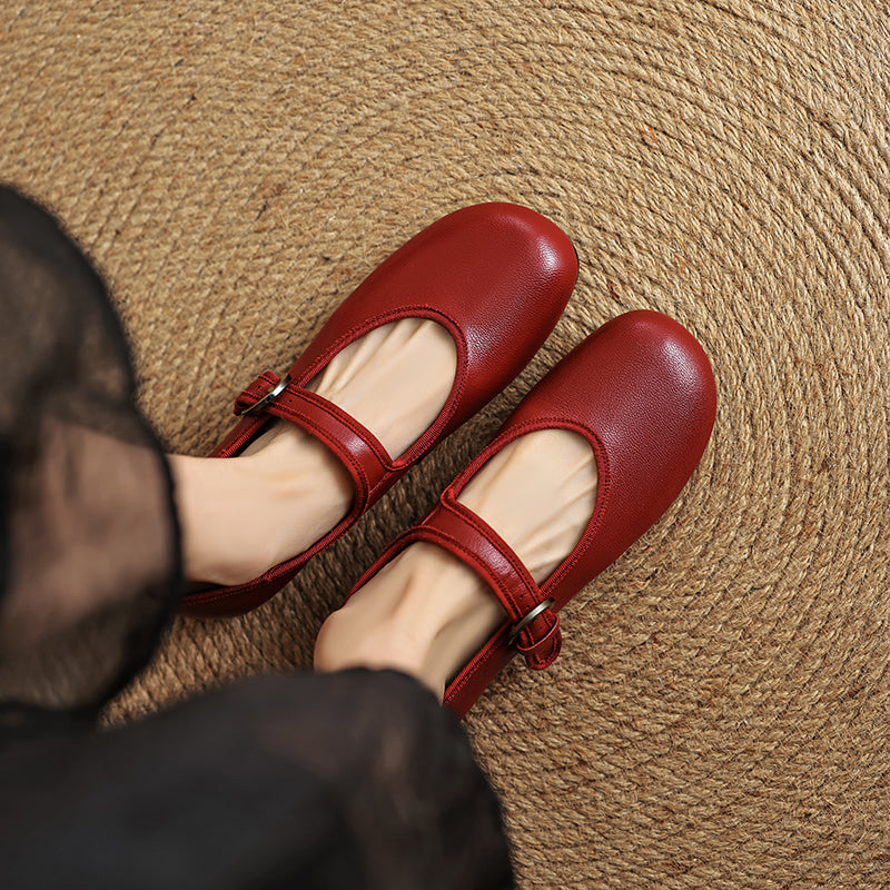 Women’s Sheepskin Mary Jane Flats – Classic Round Toe Buckle Strap Shoes