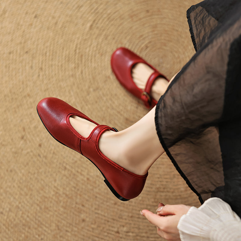 Women’s Sheepskin Mary Jane Flats – Classic Round Toe Buckle Strap Shoes