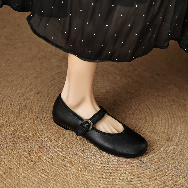 Women’s Sheepskin Mary Jane Flats – Classic Round Toe Buckle Strap Shoes