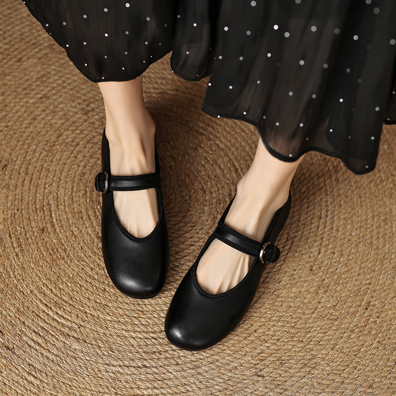 Women’s Sheepskin Mary Jane Flats – Classic Round Toe Buckle Strap Shoes