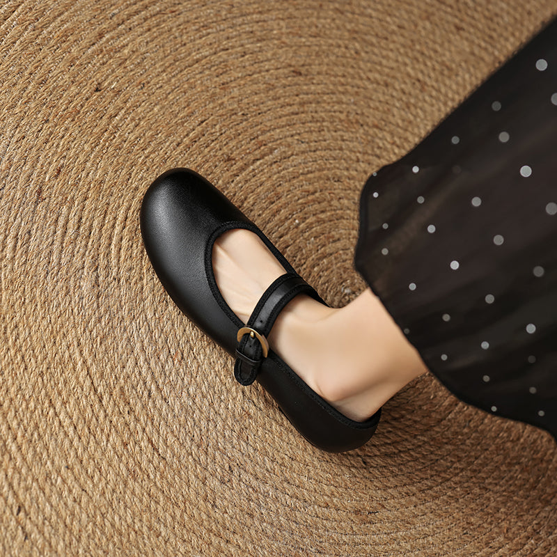Women’s Sheepskin Mary Jane Flats – Classic Round Toe Buckle Strap Shoes