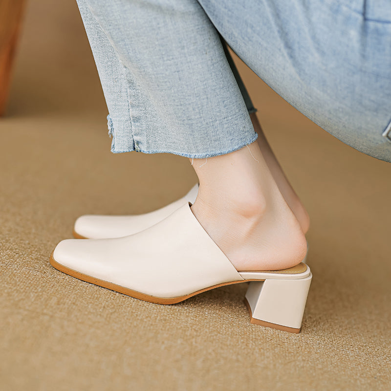 Women's Minimalist Square-Toe Leather Slides - Luxury Office Mules - Comfortable 5.5cm Heels