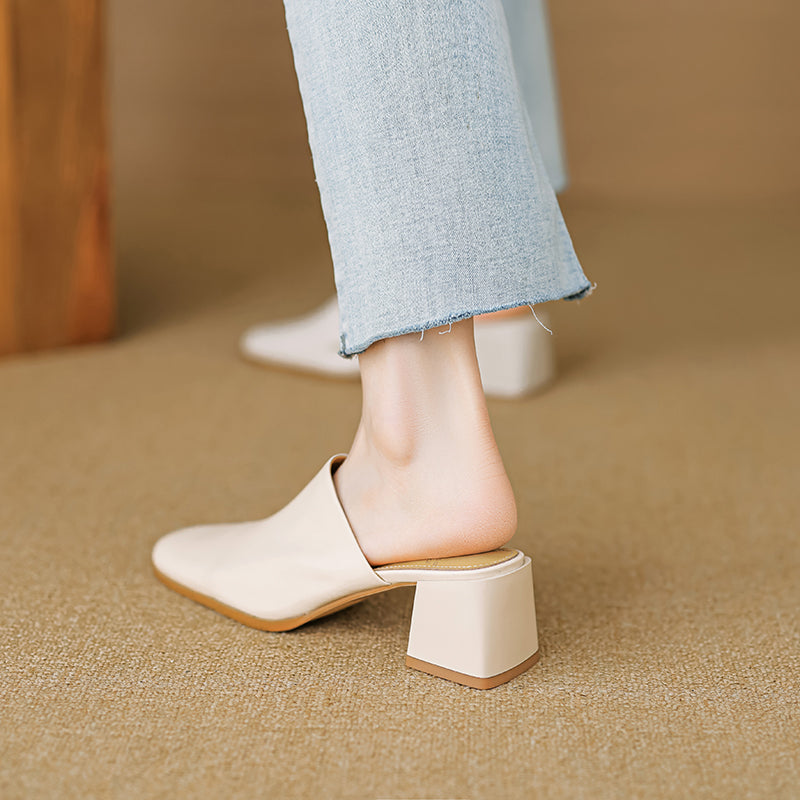 Women's Minimalist Square-Toe Leather Slides - Luxury Office Mules - Comfortable 5.5cm Heels