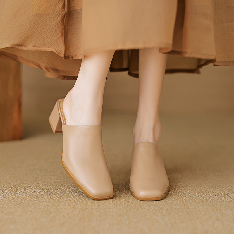 Women's Minimalist Square-Toe Leather Slides - Luxury Office Mules - Comfortable 5.5cm Heels