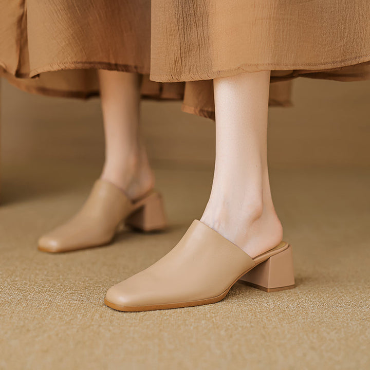 Women's Minimalist Square-Toe Leather Slides - Luxury Office Mules - Comfortable 5.5cm Heels