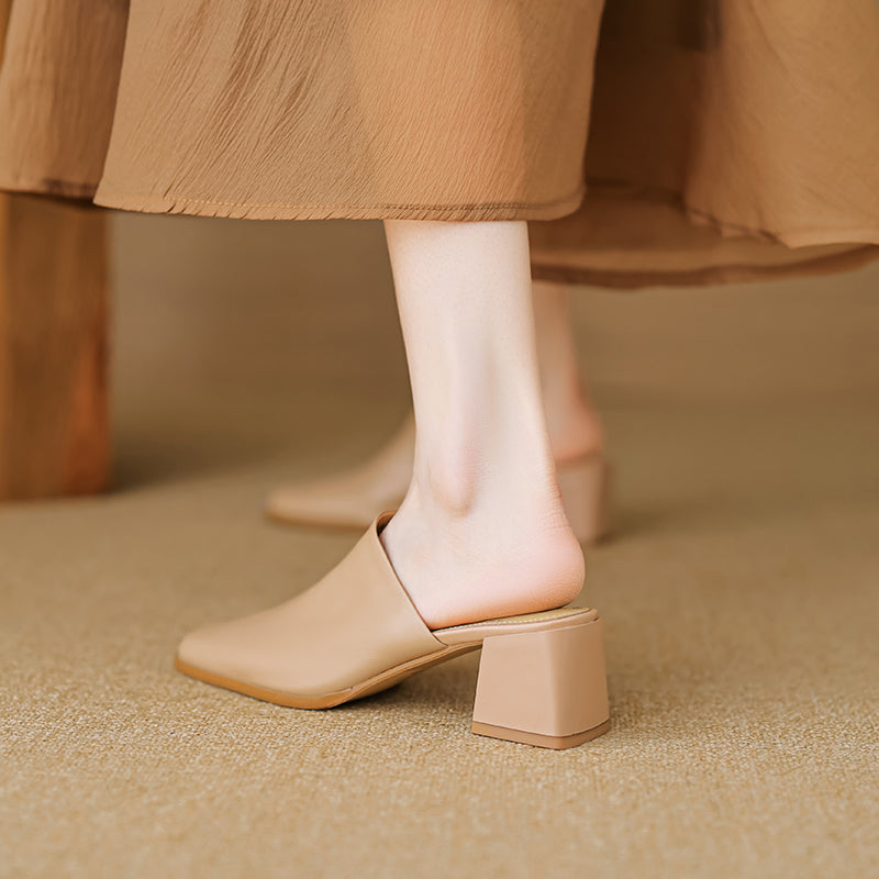 Women's Minimalist Square-Toe Leather Slides - Luxury Office Mules - Comfortable 5.5cm Heels