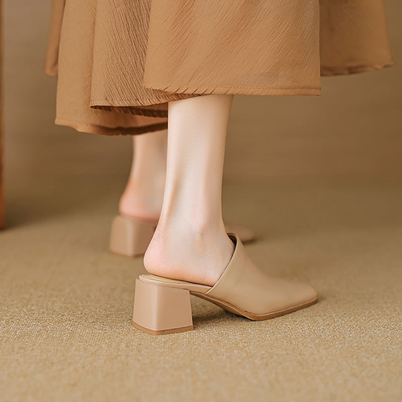 Women's Minimalist Square-Toe Leather Slides - Luxury Office Mules - Comfortable 5.5cm Heels