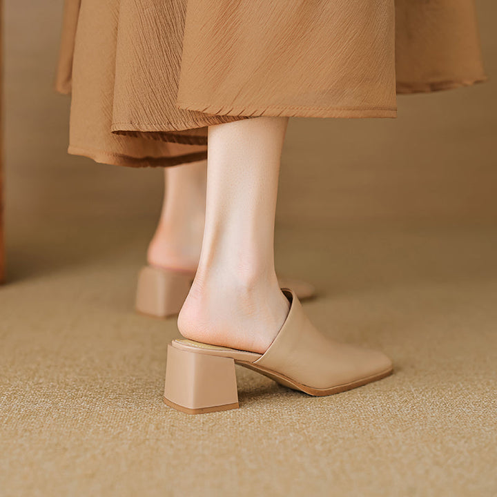 Women's Minimalist Square-Toe Leather Slides - Luxury Office Mules - Comfortable 5.5cm Heels
