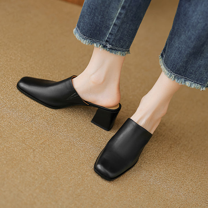 Women's Minimalist Square-Toe Leather Slides - Luxury Office Mules - Comfortable 5.5cm Heels