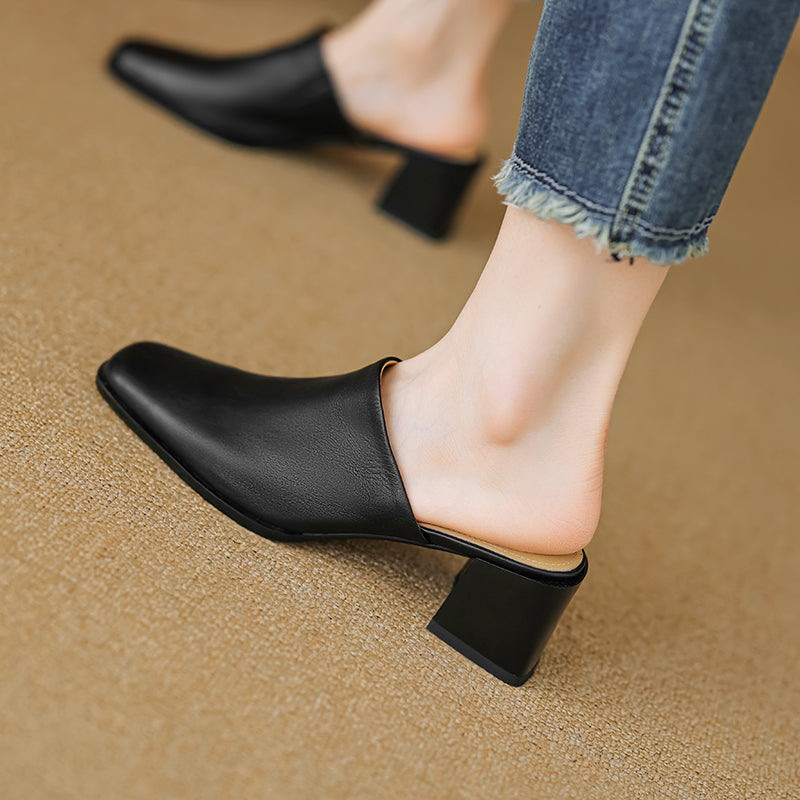 Women's Minimalist Square-Toe Leather Slides - Luxury Office Mules - Comfortable 5.5cm Heels
