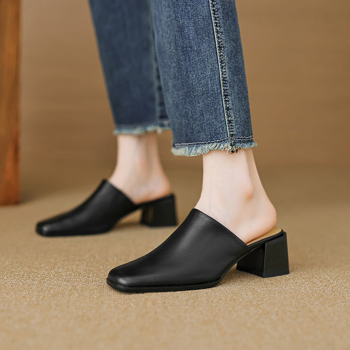 Women's Minimalist Square-Toe Leather Slides - Luxury Office Mules - Comfortable 5.5cm Heels