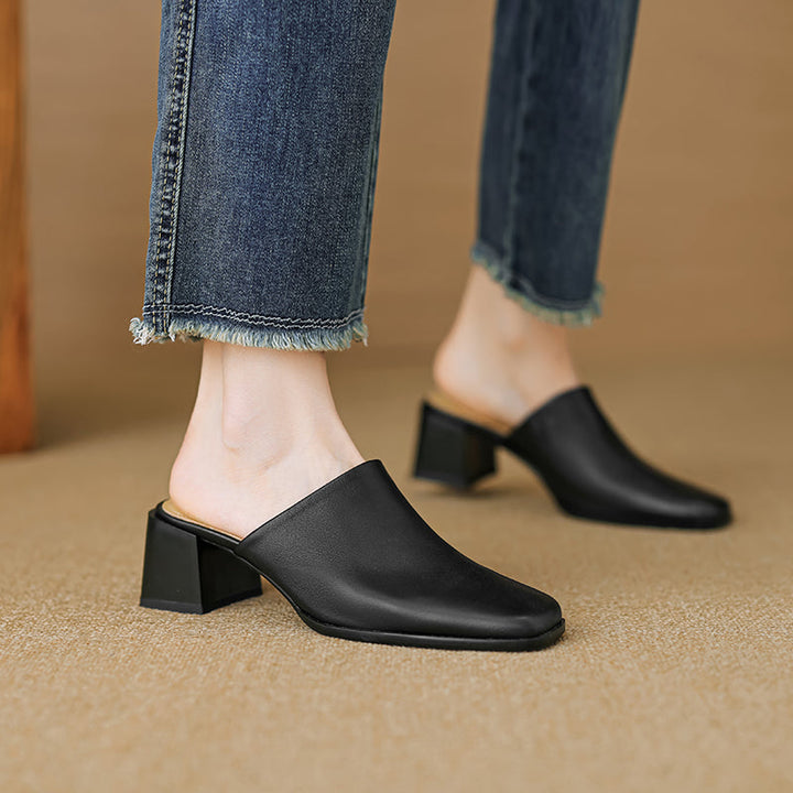 Women's Minimalist Square-Toe Leather Slides - Luxury Office Mules - Comfortable 5.5cm Heels