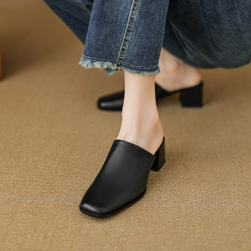 Women's Minimalist Square-Toe Leather Slides - Luxury Office Mules - Comfortable 5.5cm Heels