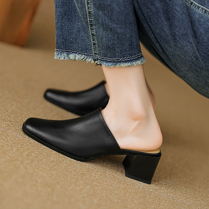 Women's Minimalist Square-Toe Leather Slides - Luxury Office Mules - Comfortable 5.5cm Heels