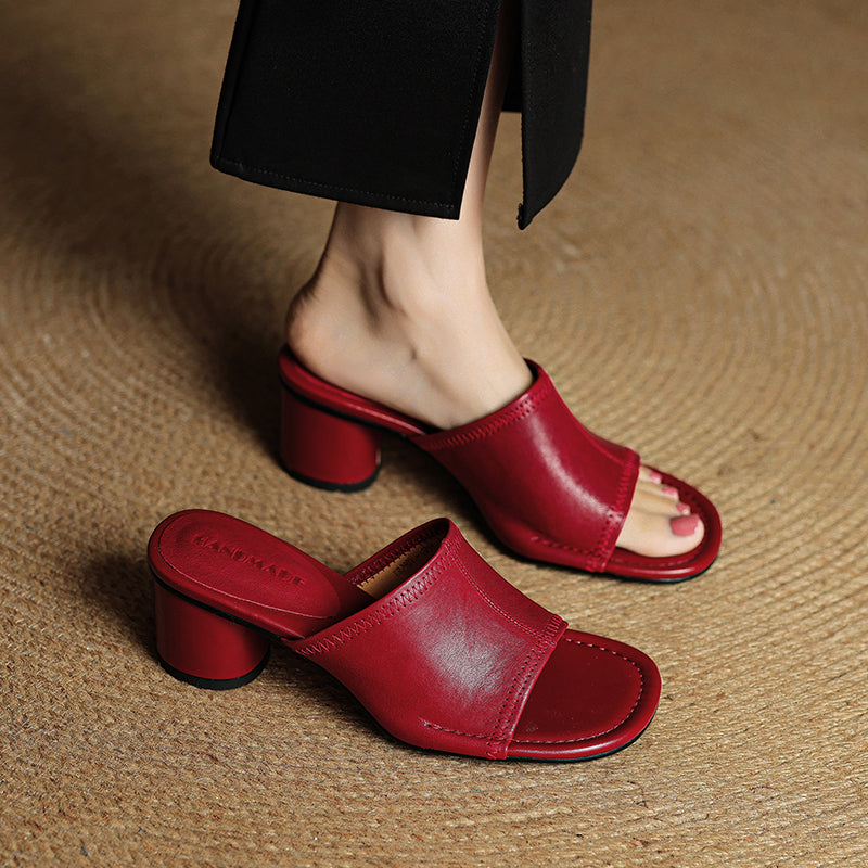 Handmade Leather Block Heel Mules - Women's Summer Cowhide Open Toe Sandals
