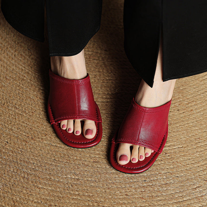 Handmade Leather Block Heel Mules - Women's Summer Cowhide Open Toe Sandals