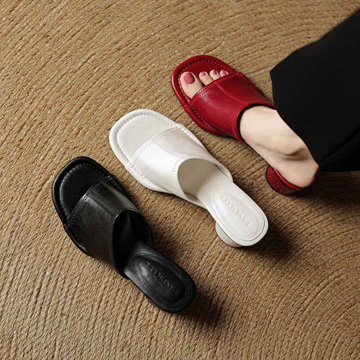 Handmade Leather Block Heel Mules - Women's Summer Cowhide Open Toe Sandals