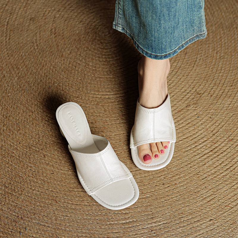 Handmade Leather Block Heel Mules - Women's Summer Cowhide Open Toe Sandals