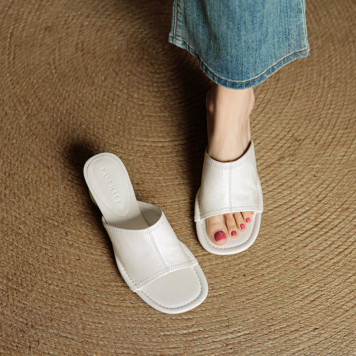 Handmade Leather Block Heel Mules - Women's Summer Cowhide Open Toe Sandals