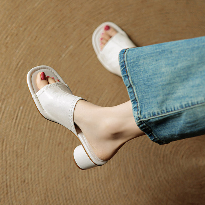 Handmade Leather Block Heel Mules - Women's Summer Cowhide Open Toe Sandals