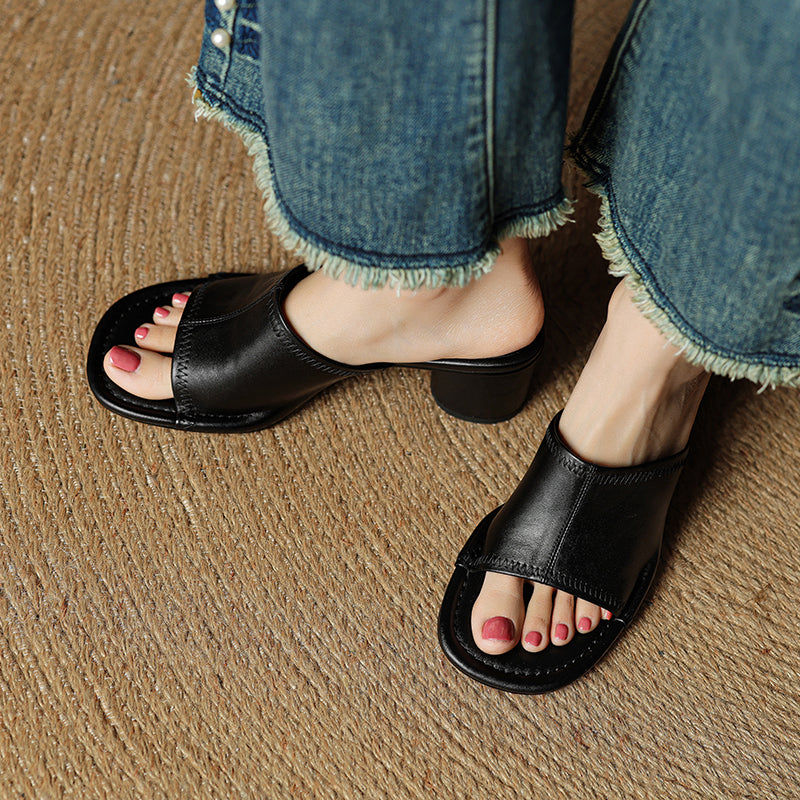 Handmade Leather Block Heel Mules - Women's Summer Cowhide Open Toe Sandals