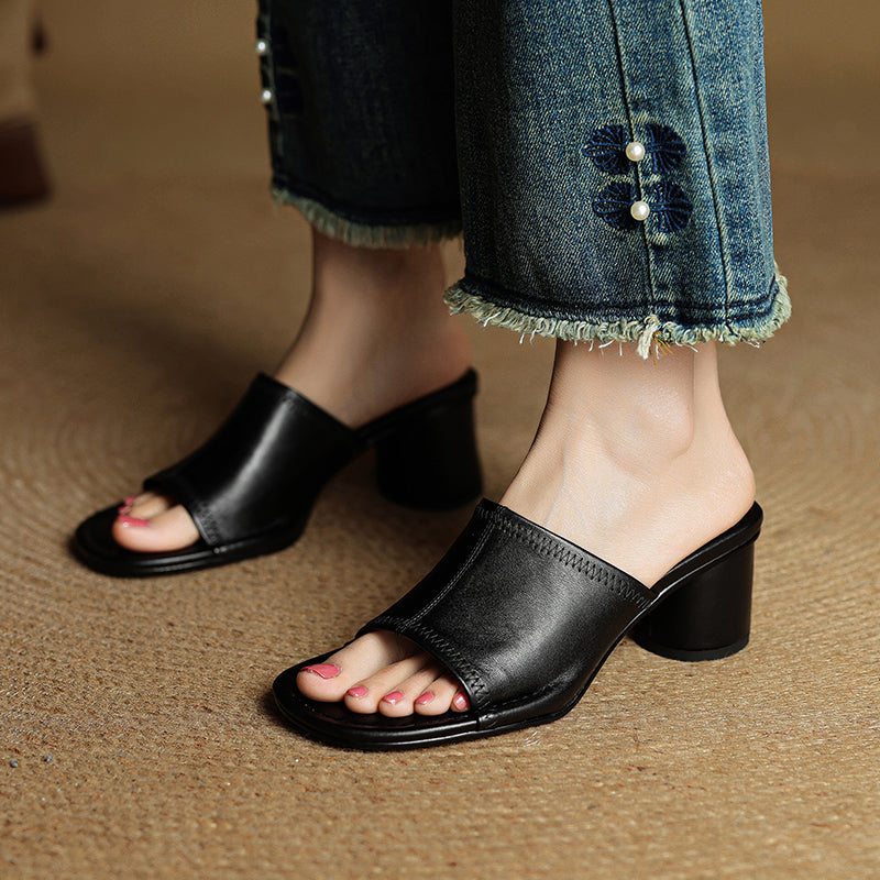 Handmade Leather Block Heel Mules - Women's Summer Cowhide Open Toe Sandals