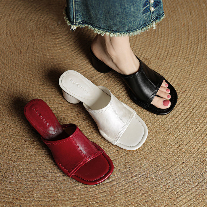 Handmade Leather Block Heel Mules - Women's Summer Cowhide Open Toe Sandals