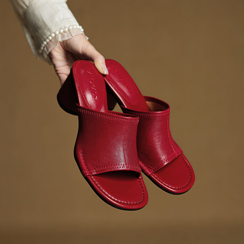 Handmade Leather Block Heel Mules - Women's Summer Cowhide Open Toe Sandals