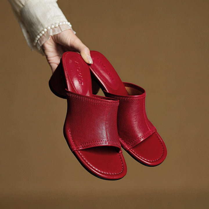 Handmade Leather Block Heel Mules - Women's Summer Cowhide Open Toe Sandals