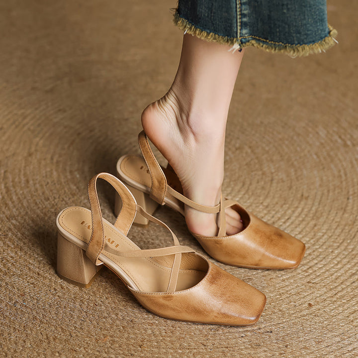 Women's French-Style Square Toe Leather Heels - Sophisticated Cross-Strap Summer Pumps