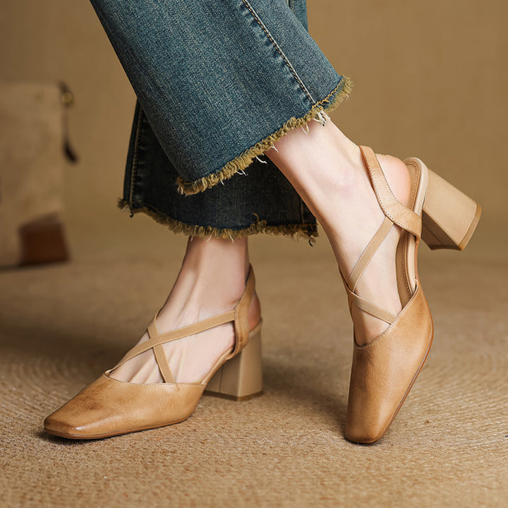 Women's French-Style Square Toe Leather Heels - Sophisticated Cross-Strap Summer Pumps