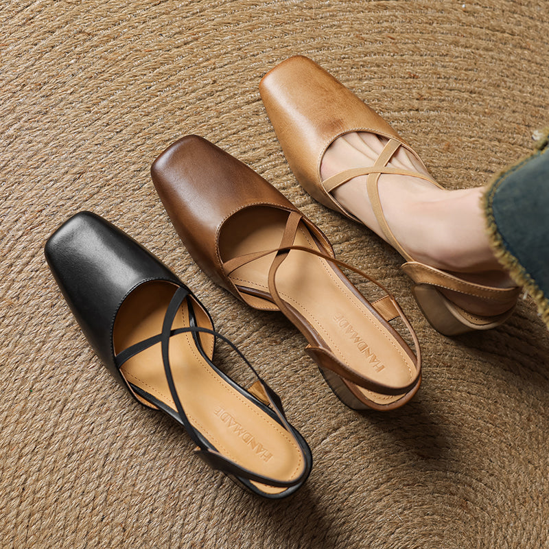 Women's French-Style Square Toe Leather Heels - Sophisticated Cross-Strap Summer Pumps
