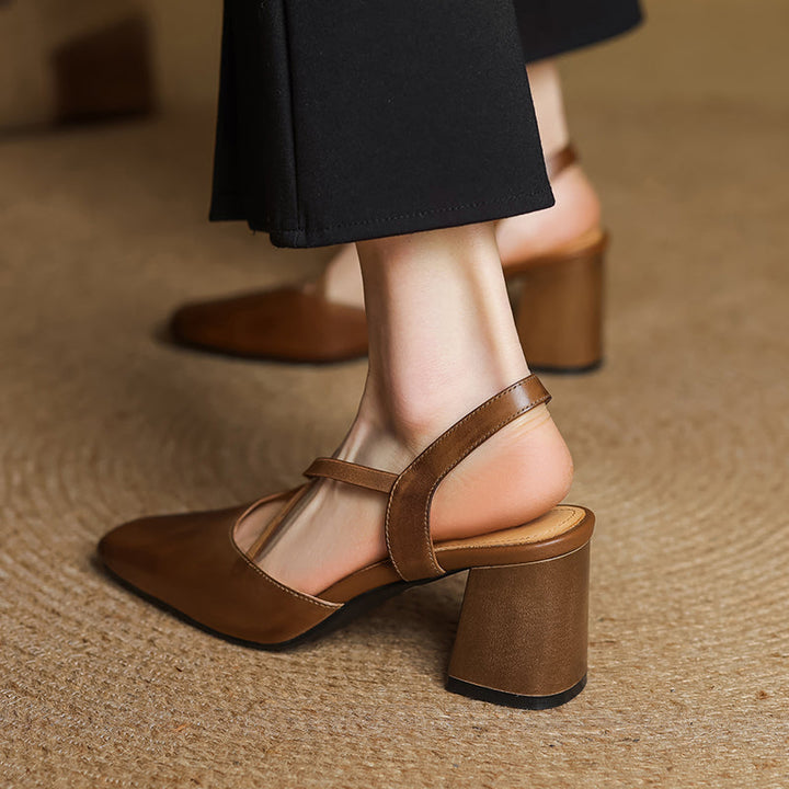 Women's French-Style Square Toe Leather Heels - Sophisticated Cross-Strap Summer Pumps