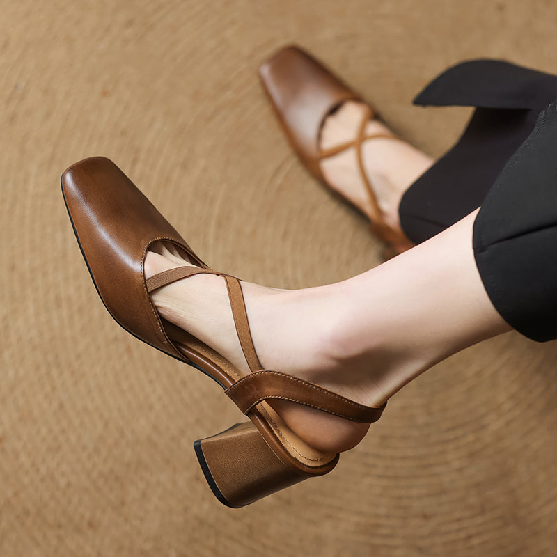 Women's French-Style Square Toe Leather Heels - Sophisticated Cross-Strap Summer Pumps