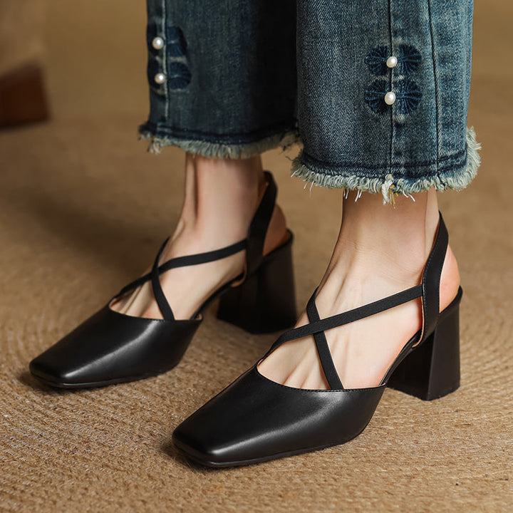Women's French-Style Square Toe Leather Heels - Sophisticated Cross-Strap Summer Pumps
