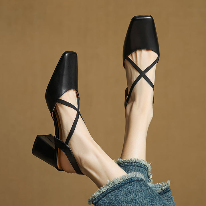 Women's French-Style Square Toe Leather Heels - Sophisticated Cross-Strap Summer Pumps