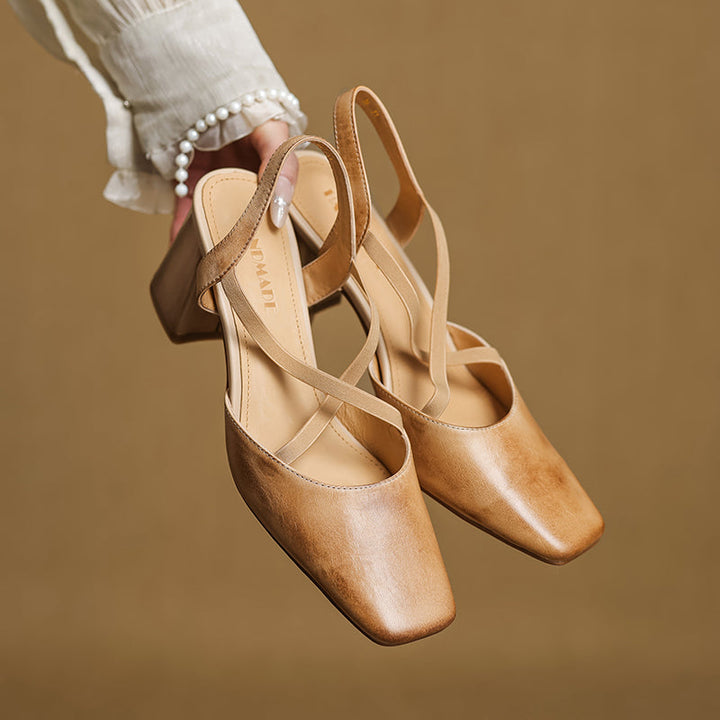 Women's French-Style Square Toe Leather Heels - Sophisticated Cross-Strap Summer Pumps