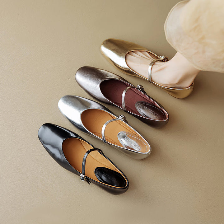 Women’s Metallic Sheepskin Mary Jane Flats – Stylish Square Toe Leather Shoes